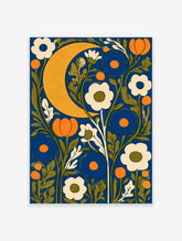Crescent moon and stylised floral art print with cream and orange flowers on a deep blue background