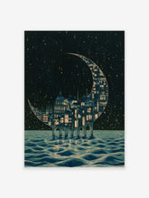 Illustrative wall art of a city built into a glowing crescent moon floating above dark ocean waves at night
