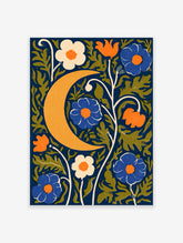 Crescent moon floral art print with blue and orange flowers on navy background