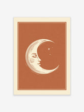 Serene crescent moon illustration with a human face on a warm terracotta background for celestial wall art