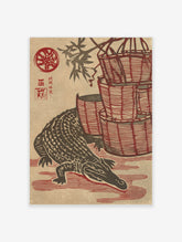 Crocodile and stacked baskets Japanese woodblock style print with red kanji and bamboo leaves on beige background