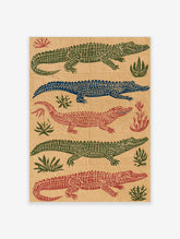 Five stylised crocodiles in green, blue, and red on beige background with plant motifs, animal poster art