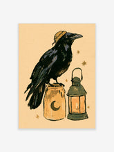 Black crow in a straw hat on a crescent moon jar beside a lit lantern, gold stars on beige paper