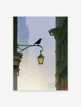 Black crow perched on a green street lamp with a yellow lantern against a blue city background