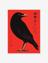 Japanese minimalist crow wall art print with a black crow on a vibrant red background and Japanese calligraphy.