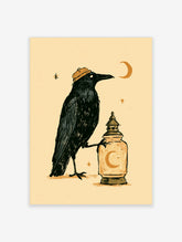 Black crow with flat cap beside lantern with crescent moon on beige background, gothic poster