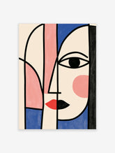 Cubist abstract face art print with bold black lines, pink and blue blocks, and red lips