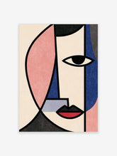 Cubist face art print with bold black lines, pink, blue and cream geometric shapes and red lips