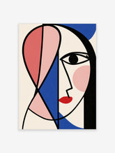 Cubist portrait art print with single eye, red lips, pink cheek and black lines on cream background