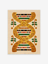 Vibrant cultural DNA wall art print with gold double helix, multi-color ethnic patterns, and plant motifs on a textured beige background.