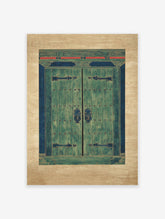 Vintage green and blue double door cultural wall art print with ornate gold and red details on a beige background.