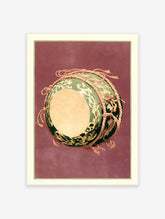 Green and gold cultural drum art print with intricate patterns and ropes on a maroon background, detailed illustration