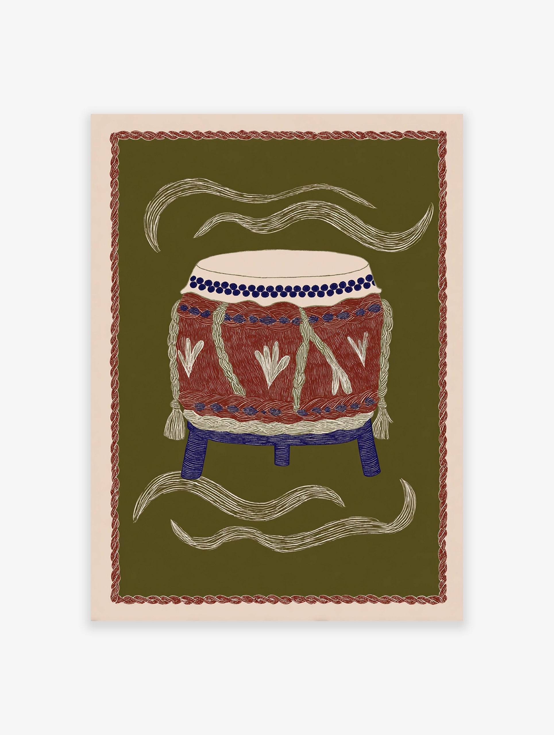 Illustrated cultural drum art print on an olive green background, featuring red, blue, and white details and wavy lines.