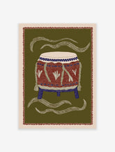 Illustrated cultural drum art print on an olive green background, featuring red, blue, and white details and wavy lines.