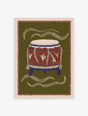 Illustrated cultural drum art print on an olive green background, featuring red, blue, and white details and wavy lines.