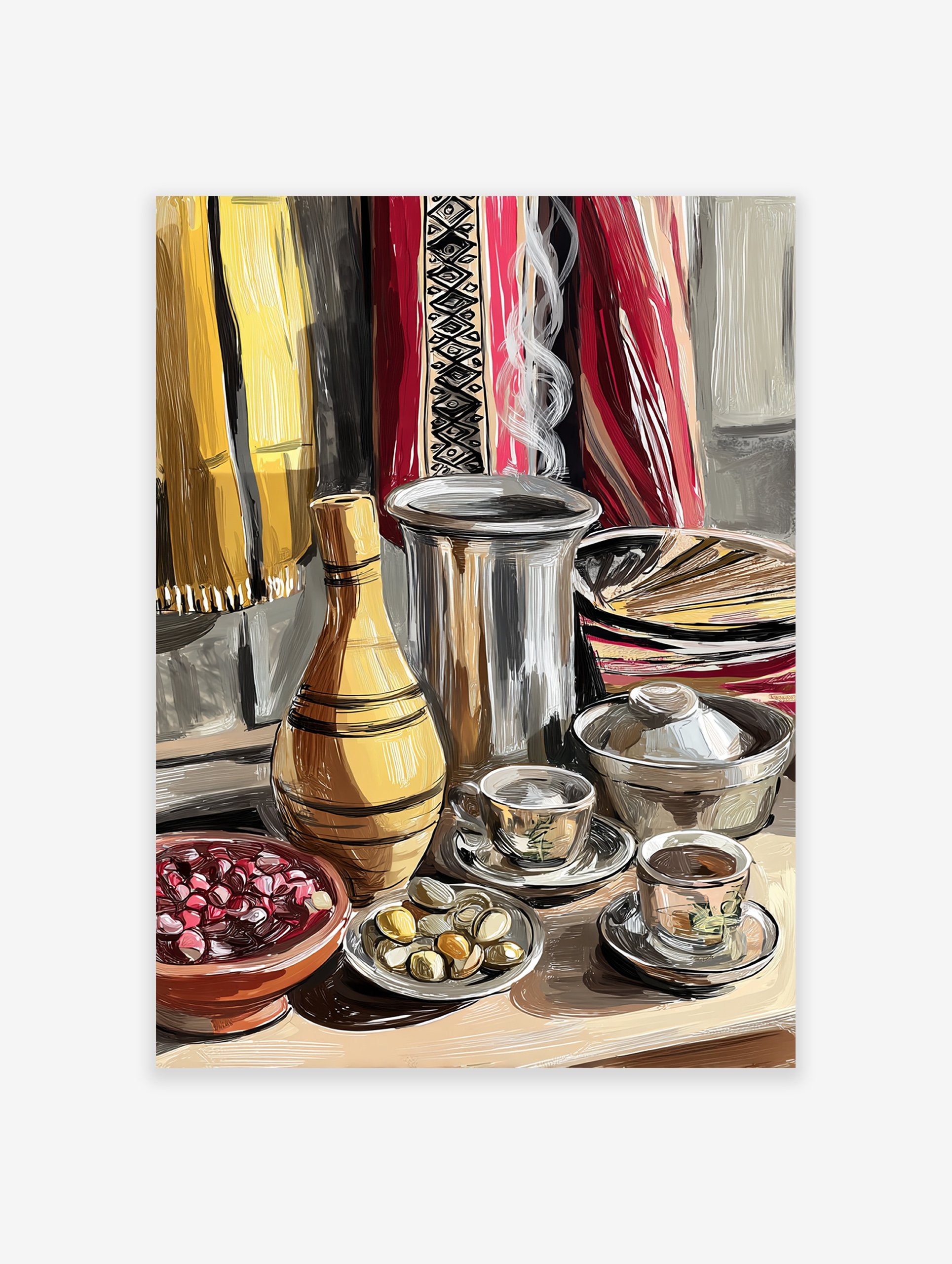 Cultural Still Life Poster featuring a yellow vase, silver pot, teacups, and red berries on a table with patterned textiles.