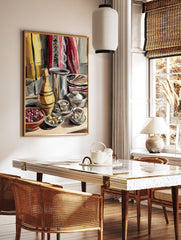 Cultural Still Life Poster featuring a yellow vase, silver pot, teacups, and red berries on a table with patterned textiles. - Image 2