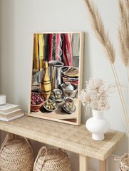 Cultural Still Life Poster featuring a yellow vase, silver pot, teacups, and red berries on a table with patterned textiles. - Image 4