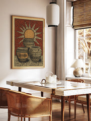 Cultural Sun Poster featuring three ornate, patterned pots and a radiant sun illustration on a reddish-brown background. - Image 2
