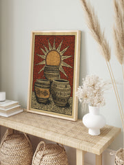 Cultural Sun Poster featuring three ornate, patterned pots and a radiant sun illustration on a reddish-brown background. - Image 4
