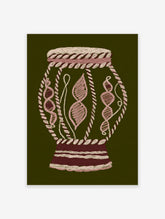 Abstract cultural wall art print of an embroidered-style vessel in pink, beige, and dark red on a dark green background.