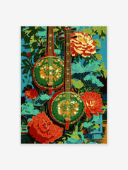 Vibrant cultural wall art featuring two traditional Asian string instruments, green and red, with lush leaves and red-orange flowers.