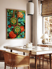 Vibrant cultural wall art featuring two traditional Asian string instruments, green and red, with lush leaves and red-orange flowers. - Image 2