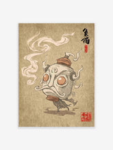 Stylized Asian spirit figure illustration with large eyes and mustache, emitting smoke, on a textured beige background with calligraphy.