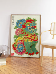 Vibrant cultural wall art featuring a stylized green mythical creature with red details, surrounded by blue, pink, yellow peonies. - Image 2