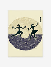 Stylized cultural wall art print of two women in dark blue silhouettes dancing with cocktail glasses on a gold and blue circle.