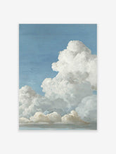 Realistic painting of fluffy white cumulus clouds against a bright blue sky, with subtle grey shadows
