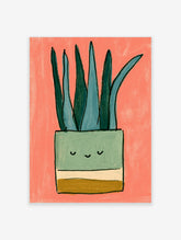 Cute aloe vera plant in a smiling mint green pot, illustrated on a coral background