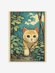 Illustrative ginger cat with blue eyes peeking from green foliage in a forest setting under a blue sky