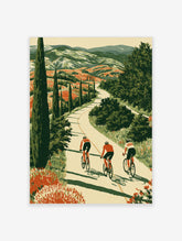 Cycling art print of three cyclists on a winding road through Tuscan hills with cypress trees and orange fields