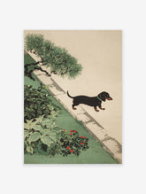 A black and tan dachshund dog walks along a stone path in a green Japanese garden with a pine tree and red flowers.
