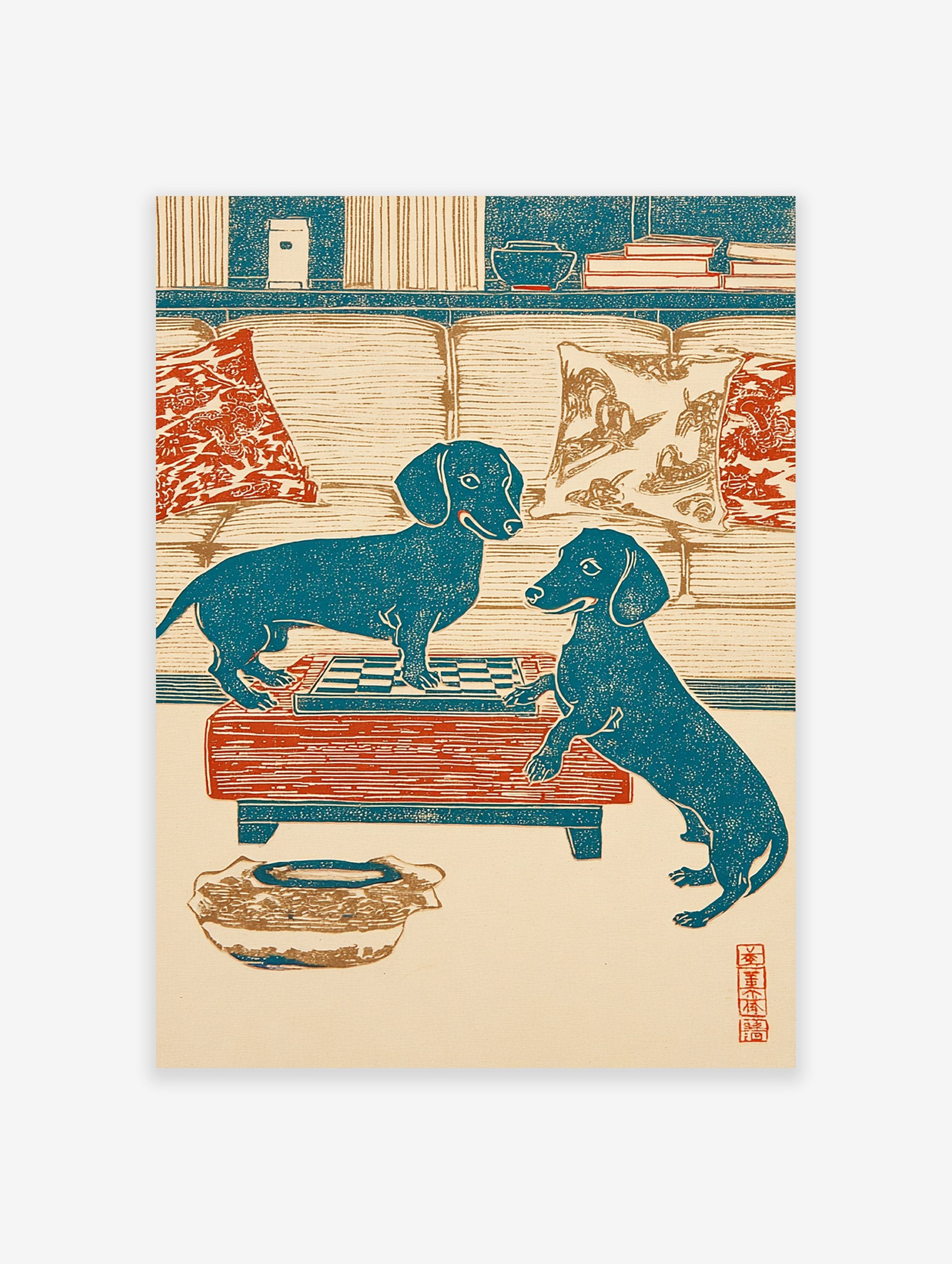 Dachshund dog art print showing two blue dachshunds playing chess on a red table in a Japanese woodblock print style.