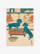 Dachshund dog art print showing two blue dachshunds playing chess on a red table in a Japanese woodblock print style.