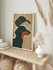 Dachshund dog art print featuring two dachshunds, one black and tan, one black and white, on a natural background. - Image 3