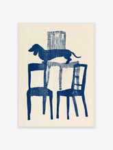 Blue dachshund dog illustration on a table with chairs, graphic halftone style art print on off-white background