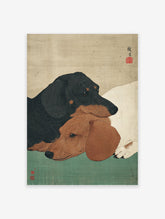 Japanese Ukiyo-e style print of two dachshunds, one black and tan, one brown, on a beige and green background.