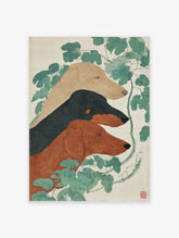 Dachshund Wall Art featuring three sleeping dogs (tan, black, brown) and green leaves in a Japanese illustrative style print.