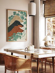 Dachshund Wall Art featuring three sleeping dogs (tan, black, brown) and green leaves in a Japanese illustrative style print. - Image 2