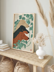 Dachshund Wall Art featuring three sleeping dogs (tan, black, brown) and green leaves in a Japanese illustrative style print. - Image 3