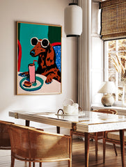 Illustration of a brown dachshund with sunglasses drinking a pink beverage at a table, colourful, in a styled room mockup
