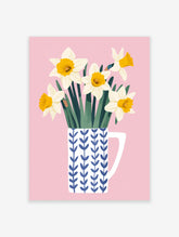 Daffodil flower poster featuring white and yellow daffodils in a blue patterned mug on a soft pink background.