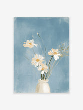 Daisy flower wall art print with cream blooms in a vase on a blue background