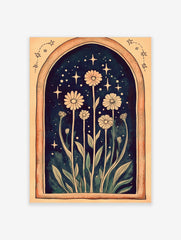 Illustrative daisy flowers with tall stems and leaves in an archway with sparkling stars on a dark background