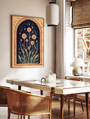 Illustrative daisy flowers with tall stems and leaves in an archway with sparkling stars on a dark, in a styled room mockup