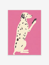 Illustration of a white Dalmatian dog with black spots holding a black smartphone on a bright pink background. Dalmatian dog art print.