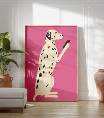 Illustration of a white Dalmatian dog with black spots holding a black smartphone on a bright pink background. Dalmatian dog art print. - Image 3